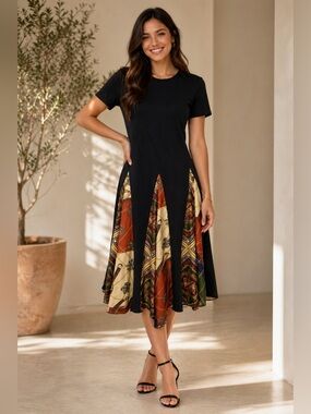 ZARA Pleated Patchwork Scarf Chain Print
Pullover Midi T-Shirt Dress Black M